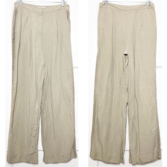 JONATHAN SIMKHAI Khaki Sage Linen High Rise Wide Leg Crochet Trim Trousers 10 - Picture 6 of 11